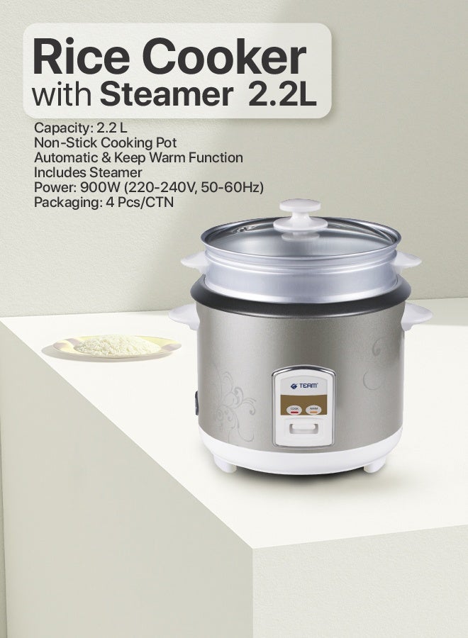 Team 2.2L Rice Cooker & Food Steamer – Non-Stick Pot, Auto Cook & Keep Warm, 900W Electric Kitchen Appliance – Silver - Image 2